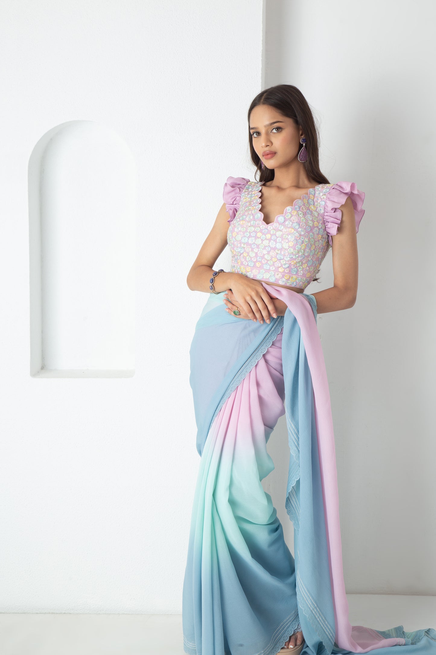 Maliah Saree Powder Blue-Aqua-Electric Lavender