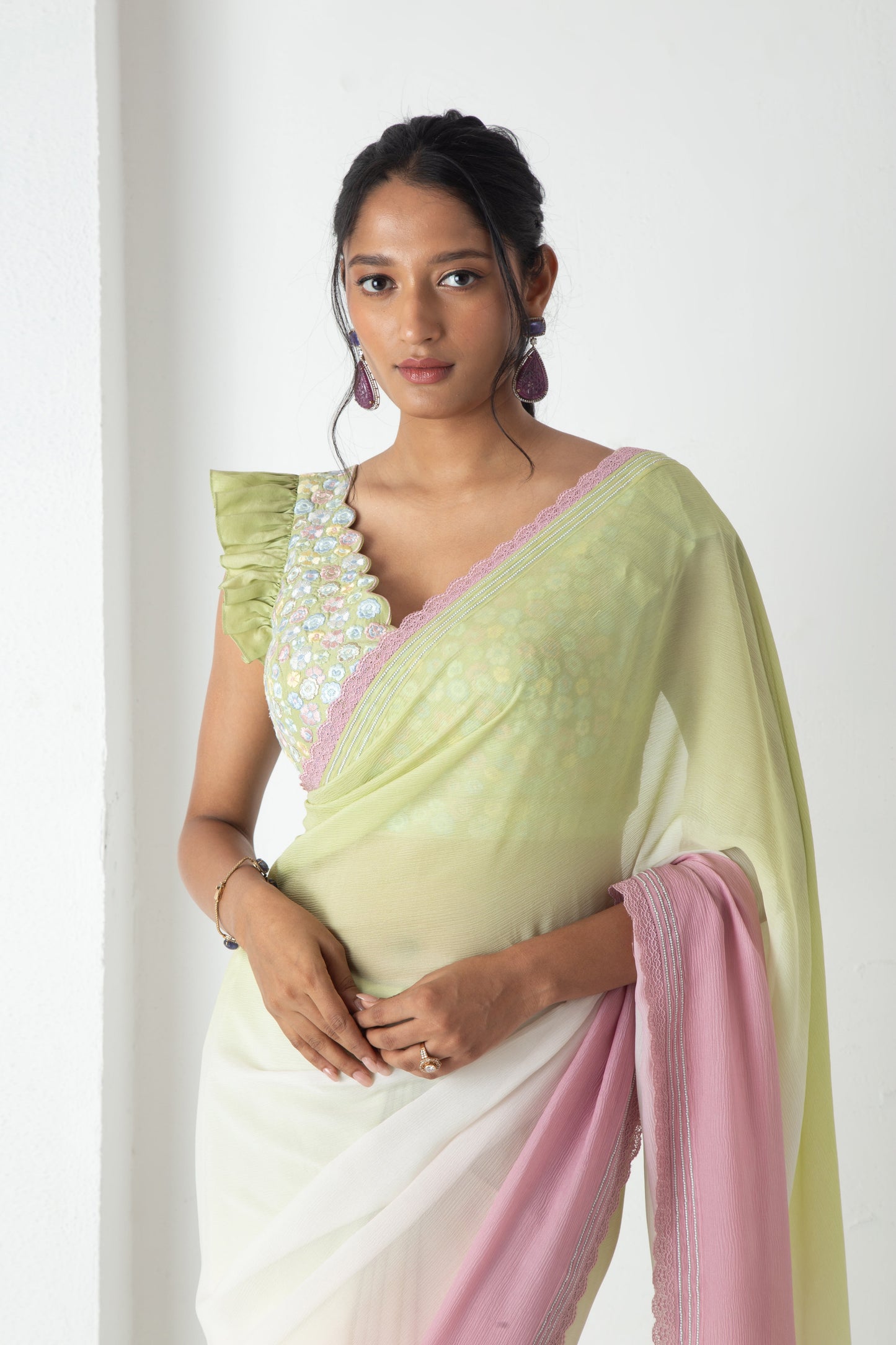 Maliah Saree Raw Mango-Ivory-Blush Pink