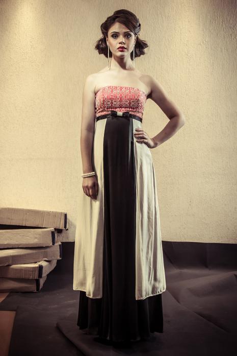 Studded Layered Gown Off white Black Coral
