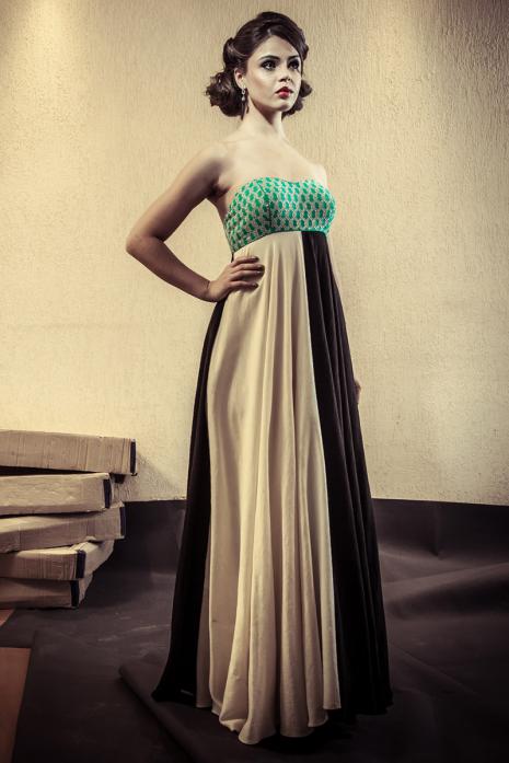 Studded Double Layer Gown Off white Black Sea Green