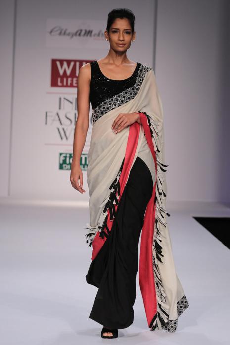 Sari with Blouse Off white Black Coral