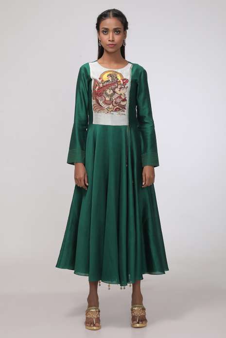 Hand Embroidery Kurti Bottle Green Ivory