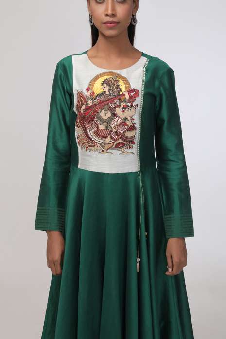 Hand Embroidery Kurti Bottle Green Ivory