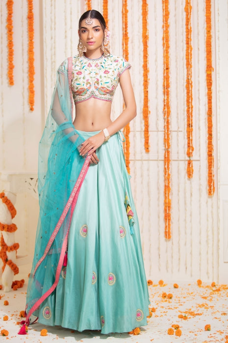 Light Aqua Lehenga Set Light Aqua Ombre and Off White
