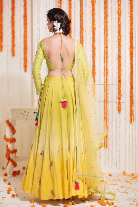 Yellow Ombre Lehenga Set Yellow Ombre and Light Parrot Green