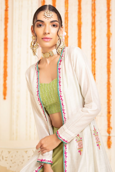 Pink Green Ombre Lehenga & Cape Set Pink Green Ombre and Off White
