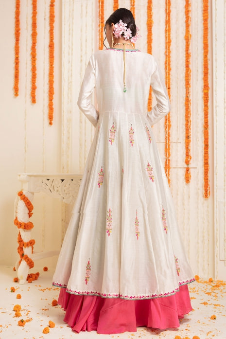 Pink Green Ombre Lehenga & Cape Set Pink Green Ombre and Off White