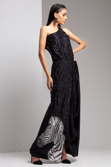 Black Zebra Face Drape Dress Black