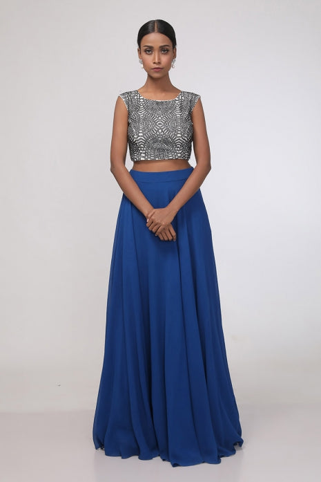 Iris Crop Top with Skirt Teal and Ivory