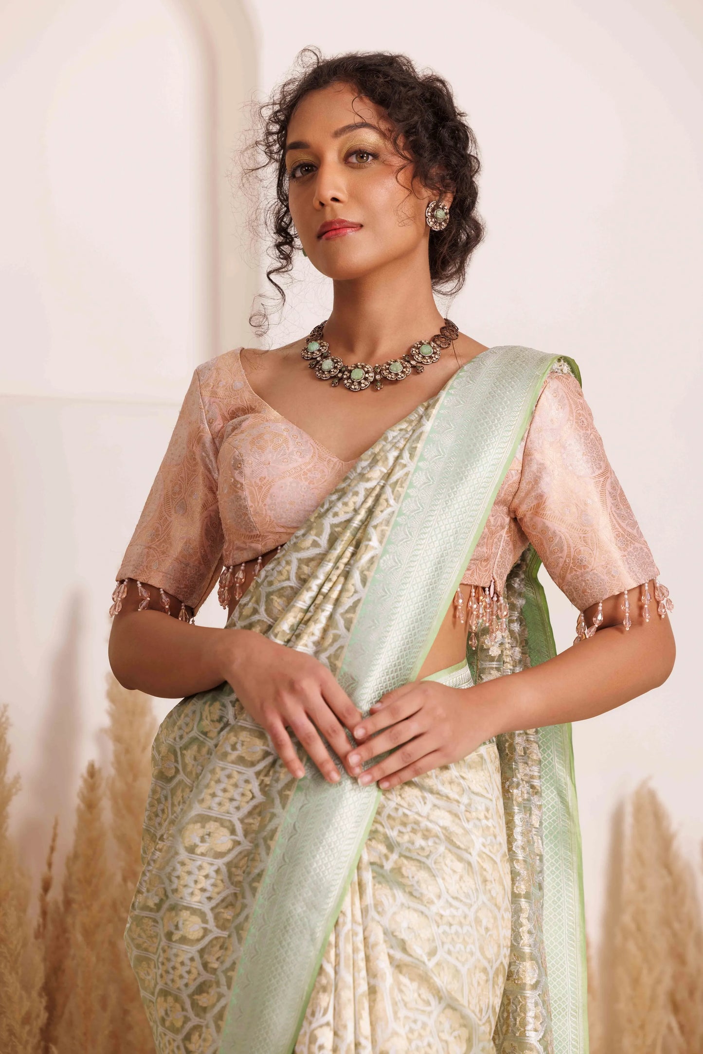 Mishika Saree Pistachio and Blush Pink