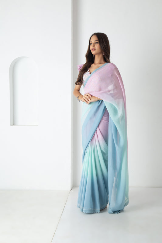 Maliah Saree Powder Blue-Aqua-Electric Lavender