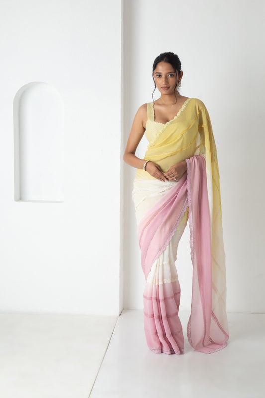Zaina Saree Illuminating Yellow-Ivory-Orchid Pink
