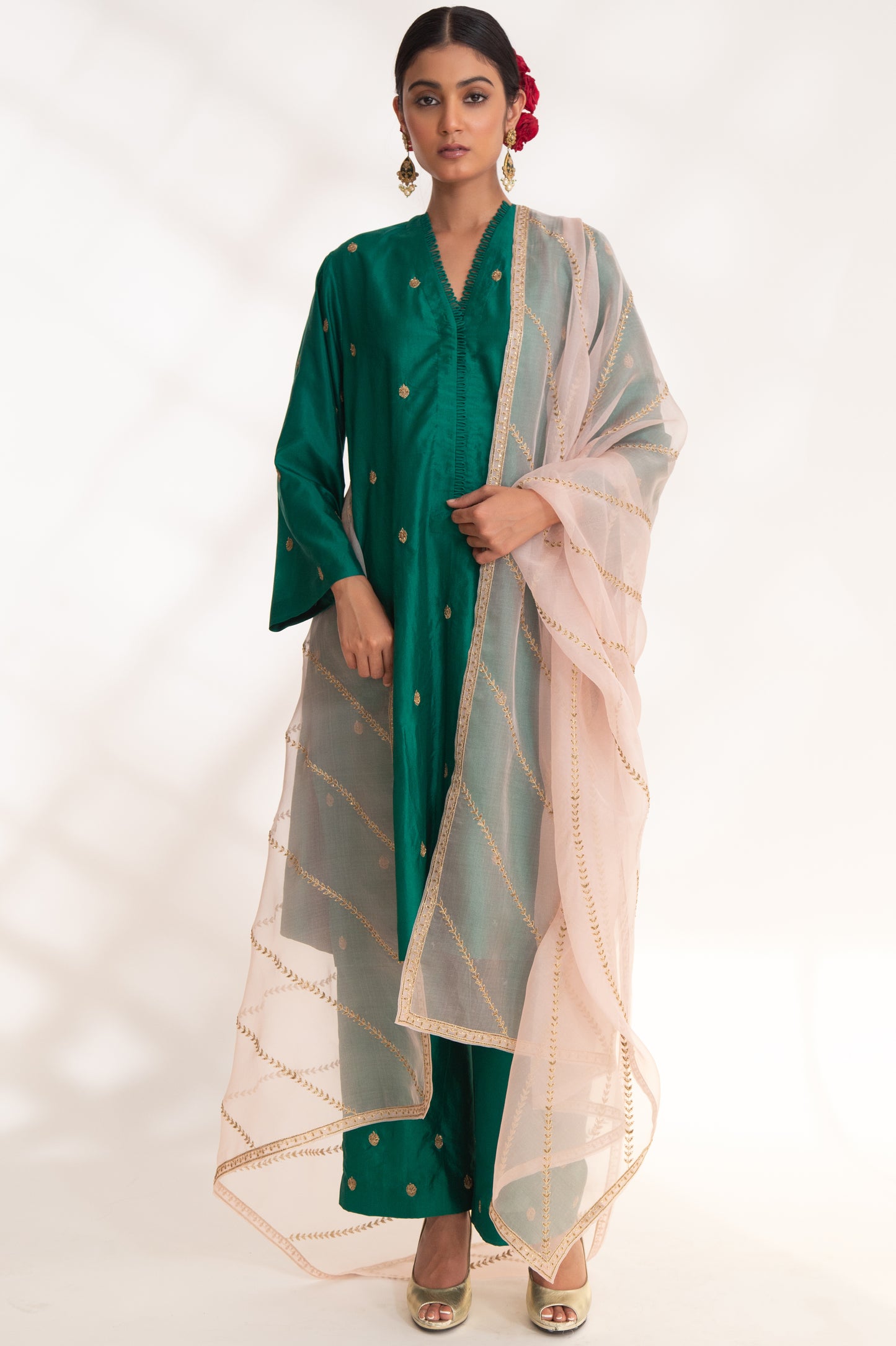 Ojal Pink Kurta Set Emerald Green