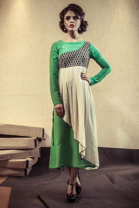 Angrakha Dress with Tunic Sea Green Off white