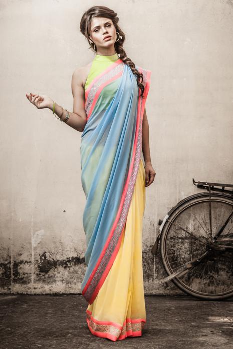 Sari with Blouse Olive  Yellow  Powder Blue  Coral Orange