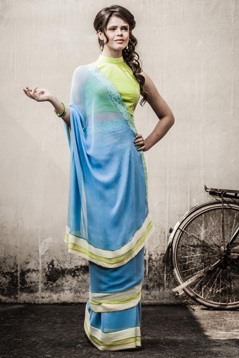 Sari with Blous Olive  Off white Powder Blue