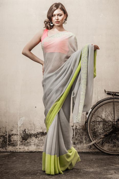 Sari with Blouse Grey Olive