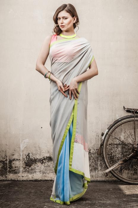 Sari with Blouse Grey Powder Blue