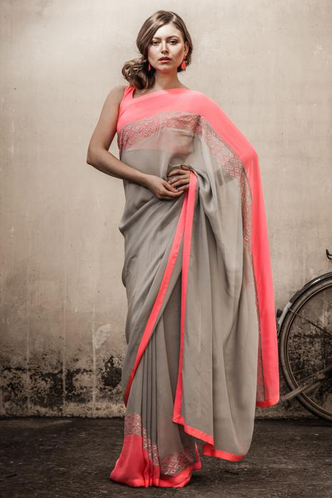 Sari with Blouse Grey Coral