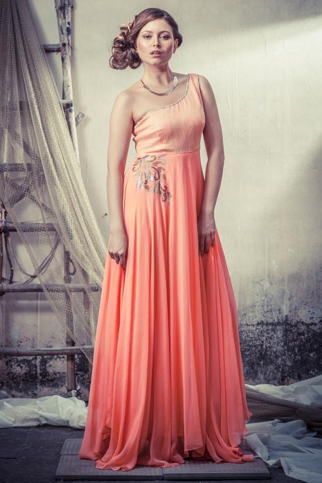 One Shoulder Full Flared Gown Coral