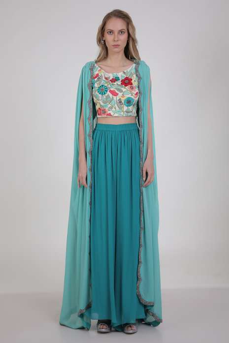 Crop Top with Pant & Cape Aqua Ivory