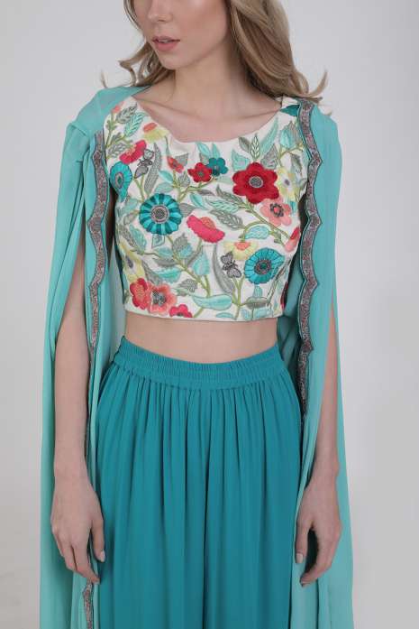 Crop Top with Pant & Cape Aqua Ivory