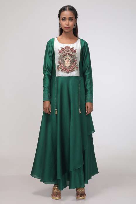 Layred Kurti Bottle Green  Ivory