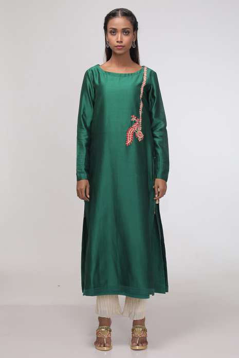 Hand Embroidery Kurti Bottle Green