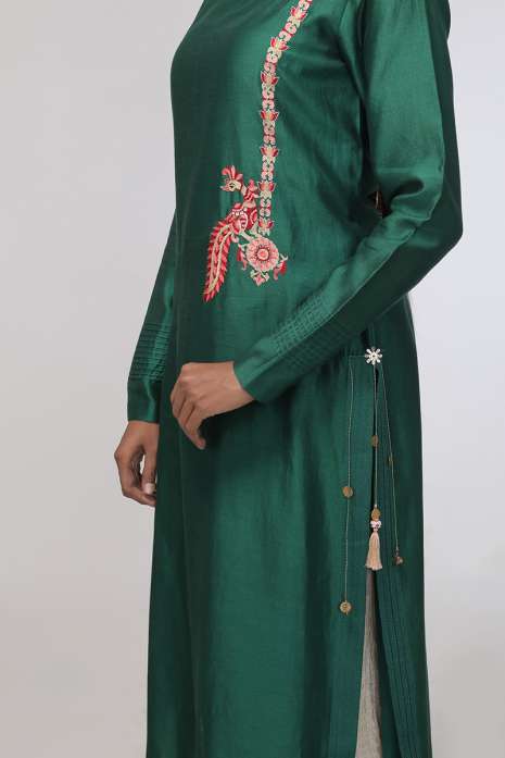 Hand Embroidery Kurti Bottle Green