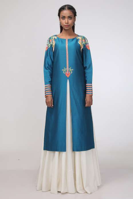 Kurti with Skirt Teal Blue and Ivory