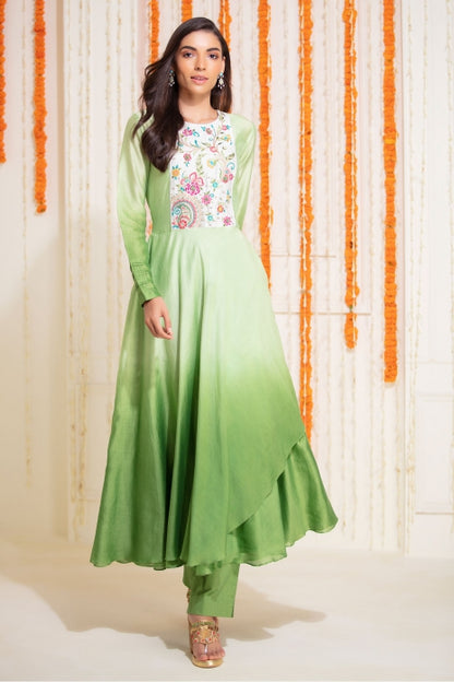 Long Layered Kurti with PantOlive Green Ombre