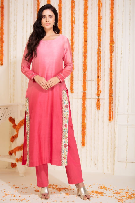 Long Straight Kurti with Pant Pink Ombre