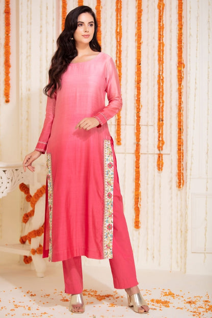 Long Straight Kurti with Pant Pink Ombre