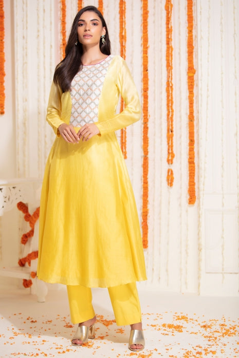 Long Flared Kurti with Pant Yellow Ombre