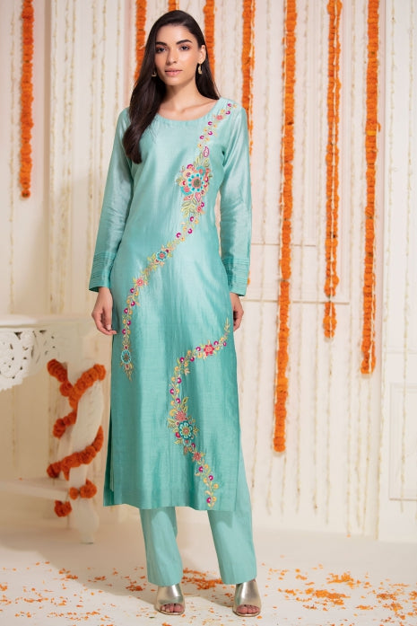 Long Straight Kurti with Pant Light Aqua Ombre