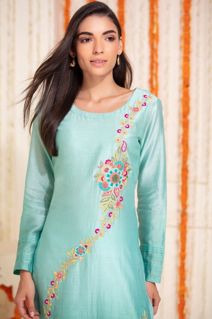 Long Straight Kurti with Pant Light Aqua Ombre