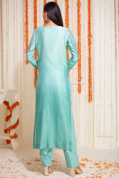 Long Straight Kurti with Pant Light Aqua Ombre