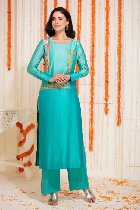 Long Straight Kurti with Pant Aqua Ombre