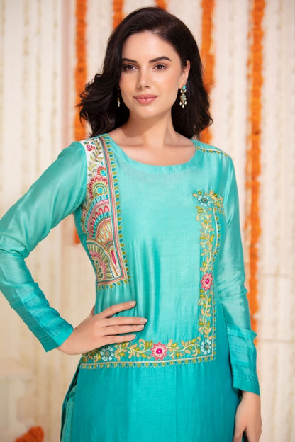 Long Straight Kurti with Pant Aqua Ombre