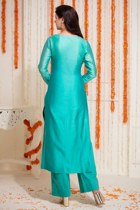 Long Straight Kurti with Pant Aqua Ombre