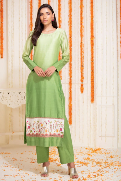 Green Straight Kurti with Pant Olive Green Ombre