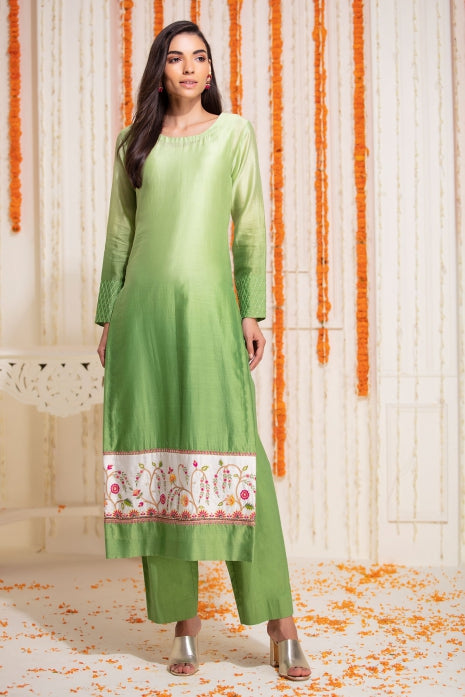 Green Straight Kurti with Pant Olive Green Ombre