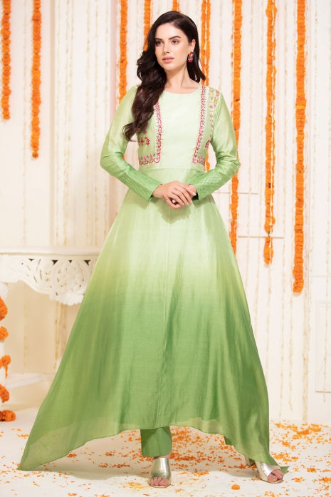 Green Flared Kurti with PantOlive Green Ombre