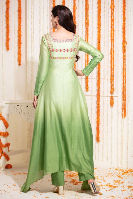 Green Flared Kurti with PantOlive Green Ombre