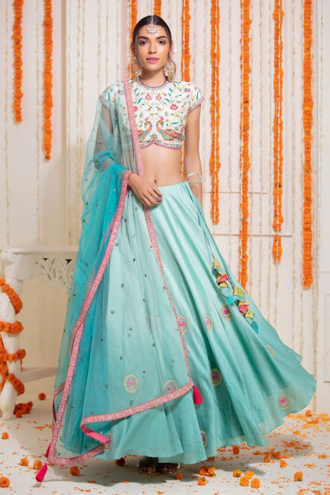 Light Aqua Lehenga Set Light Aqua Ombre and Off White