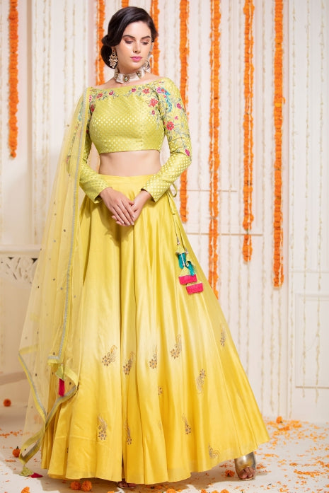 Yellow Ombre Lehenga Set Yellow Ombre and Light Parrot Green