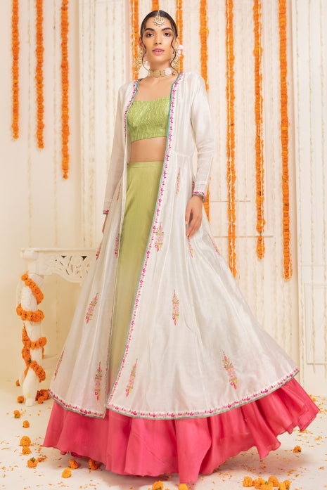 Pink Green Ombre Lehenga & Cape Set Pink Green Ombre and Off White