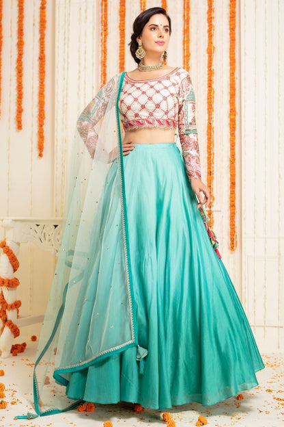 Bride Groom Lehenga Set Aqua Ombre and Off White