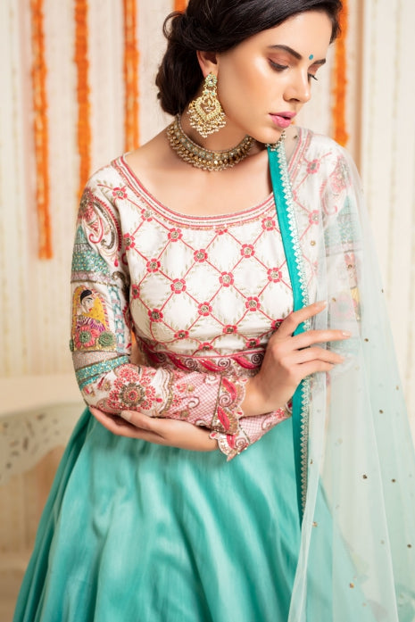 Bride Groom Lehenga Set Aqua Ombre and Off White