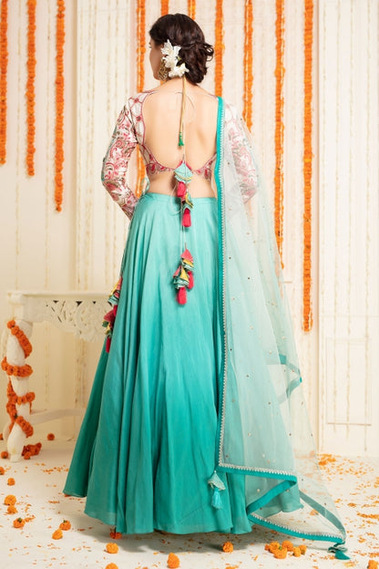 Bride Groom Lehenga Set Aqua Ombre and Off White